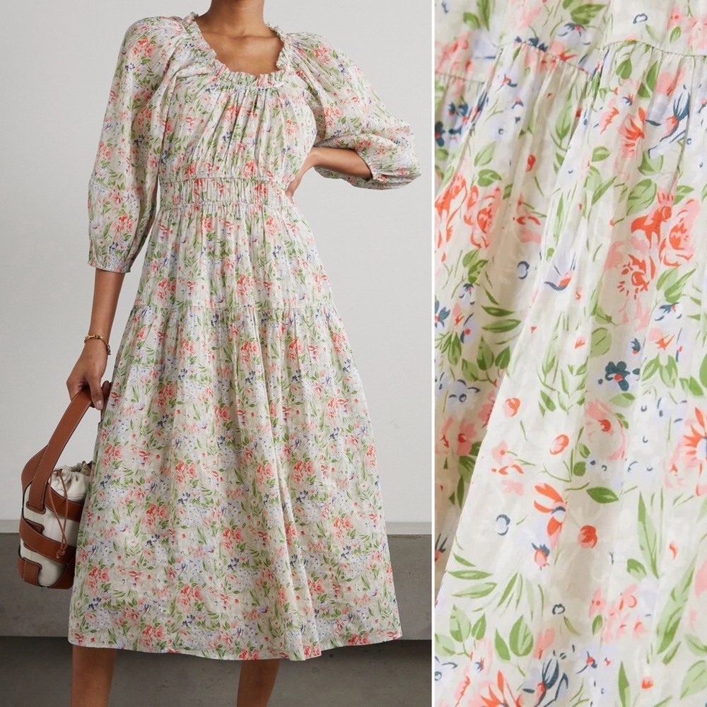THE GREAT. Floral Midi Dress in Cream with Pink & Green Print